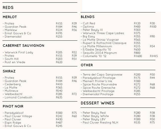 Menu au Quaglino's fast food, Le Cap