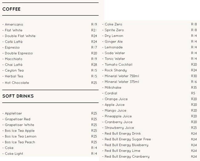 Menu at Quaglino's fast food, Cape Town