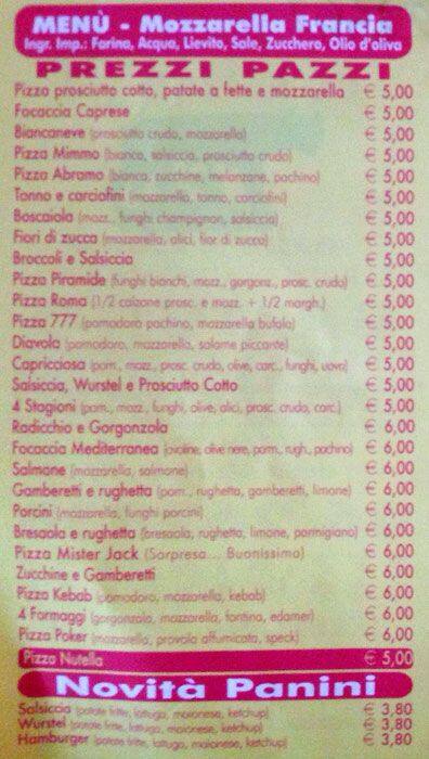 Menu at Pizzeria Roma, Rome, Via delle Alzavole