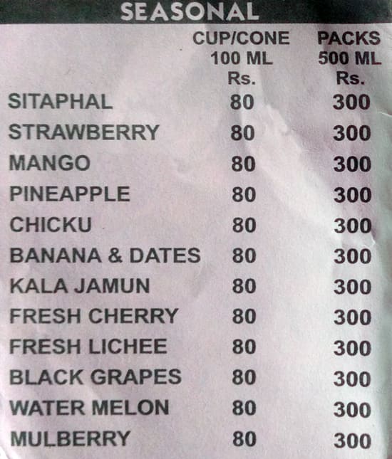 Menu Of Sancha Ice Creams, 7 Bungalows, Andheri West, Mumbai