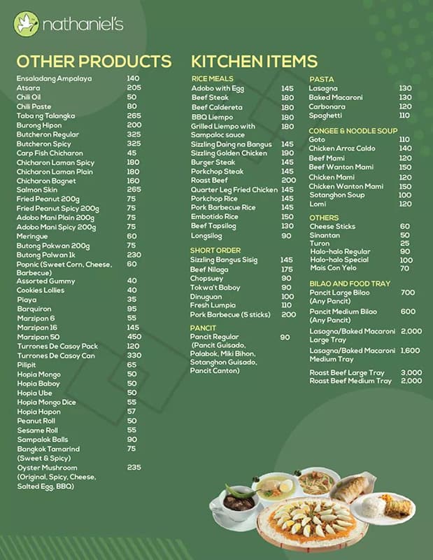 Menu at Nathaniel's restaurant, Muntinlupa