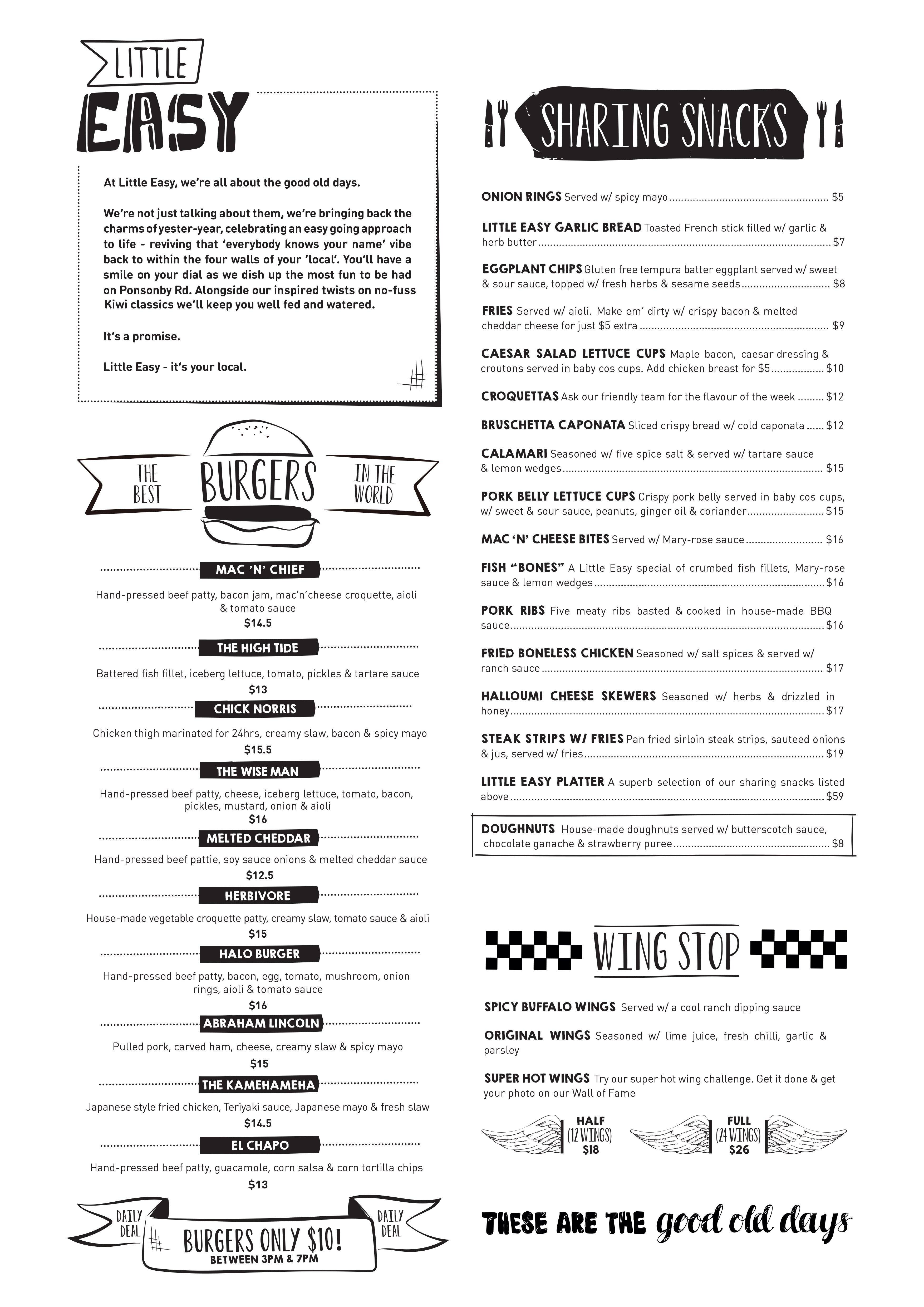 Little Easy Menu, Menu for Little Easy, Ponsonby, Auckland Menumania