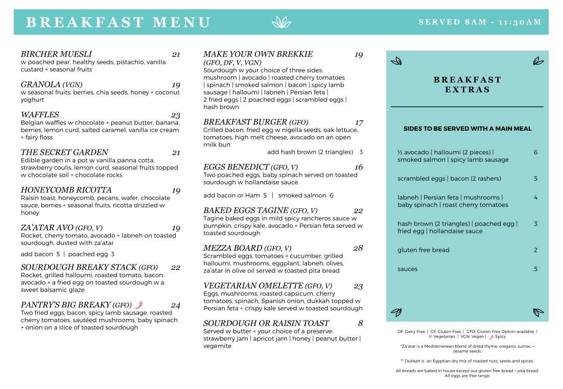 Menu at The Vintage Pantry cafe, Pitt Town