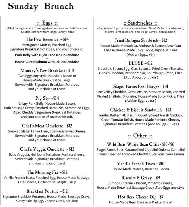 The Monkey's Paw Menu, Menu for The Monkey's Paw, Lincoln Park, Chicago