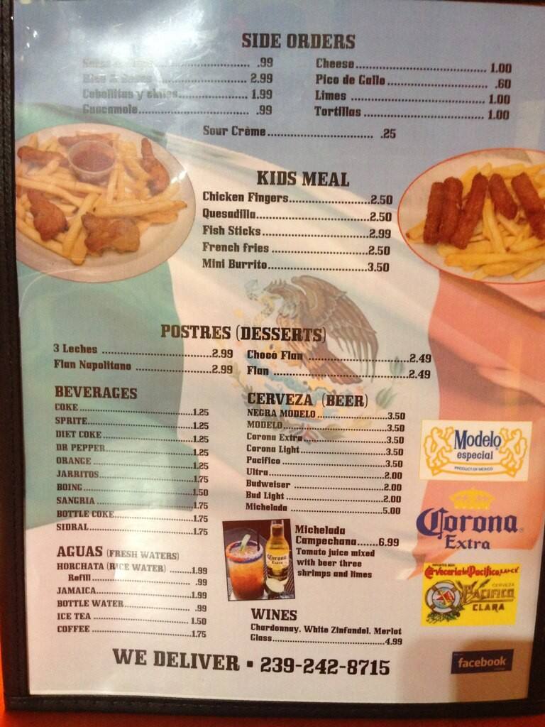 Menu at Tacos El Tequila restaurant, Cape Coral
