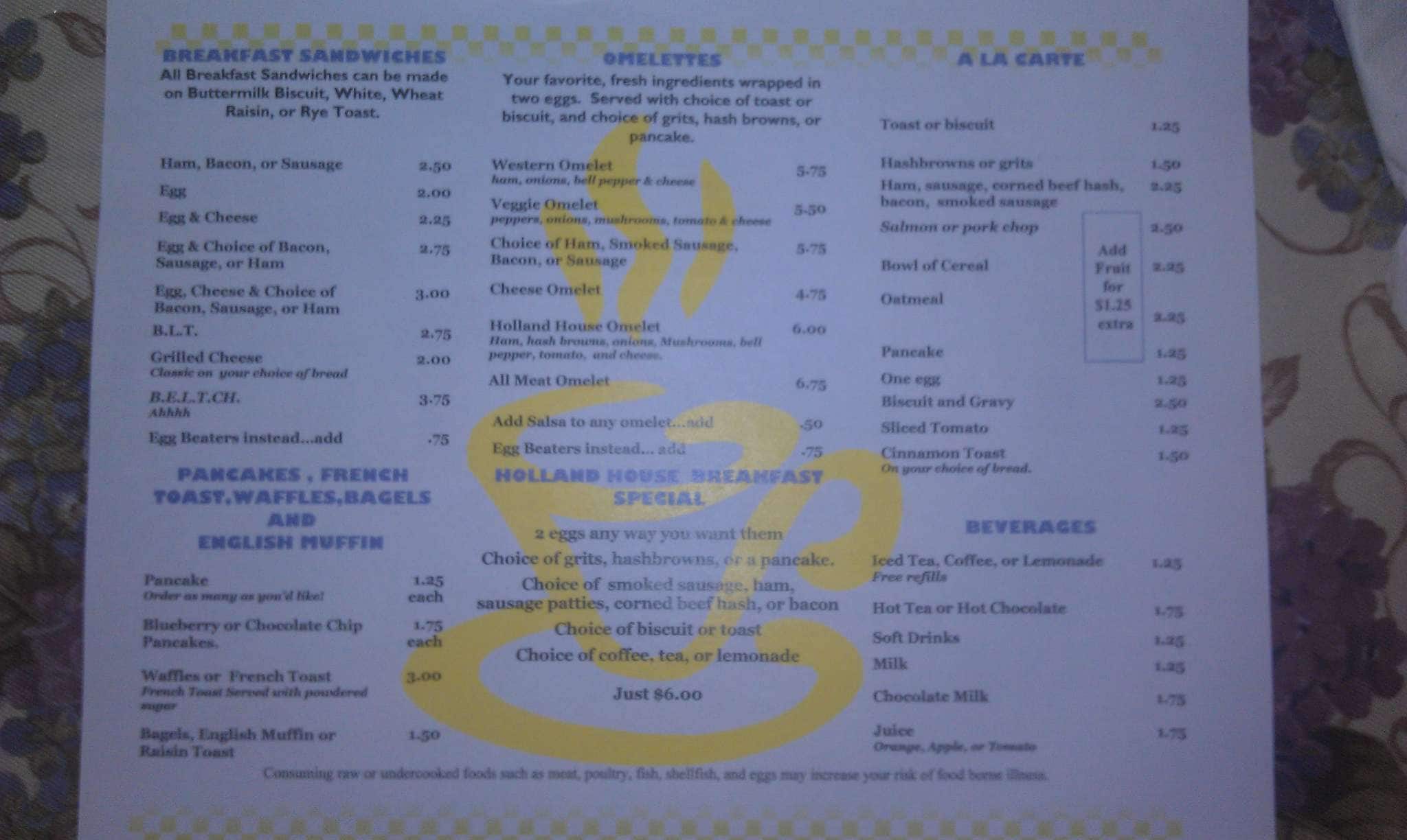 Menu at Holland House Restaurant, Savannah