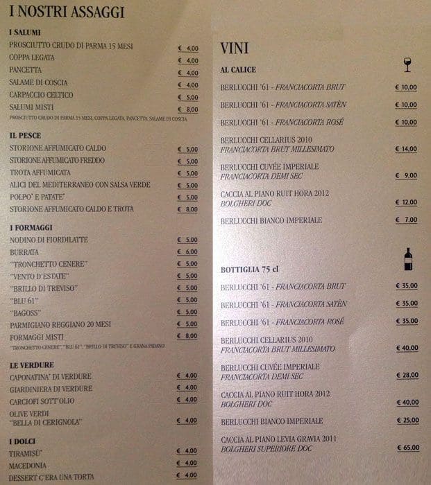 Menu di Berlucchi Franciacorta Lounge 