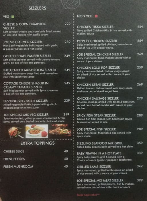 Sizzling Joe menu