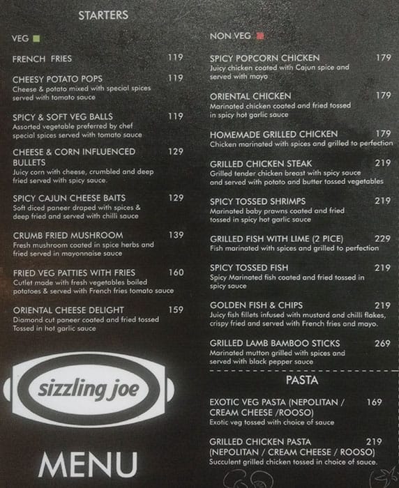 Sizzling Joe menu