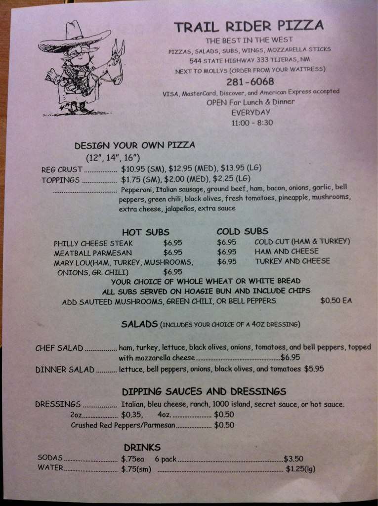 Trailrider Pizza Menu, Menu untuk Trailrider Pizza, Cedar Crest