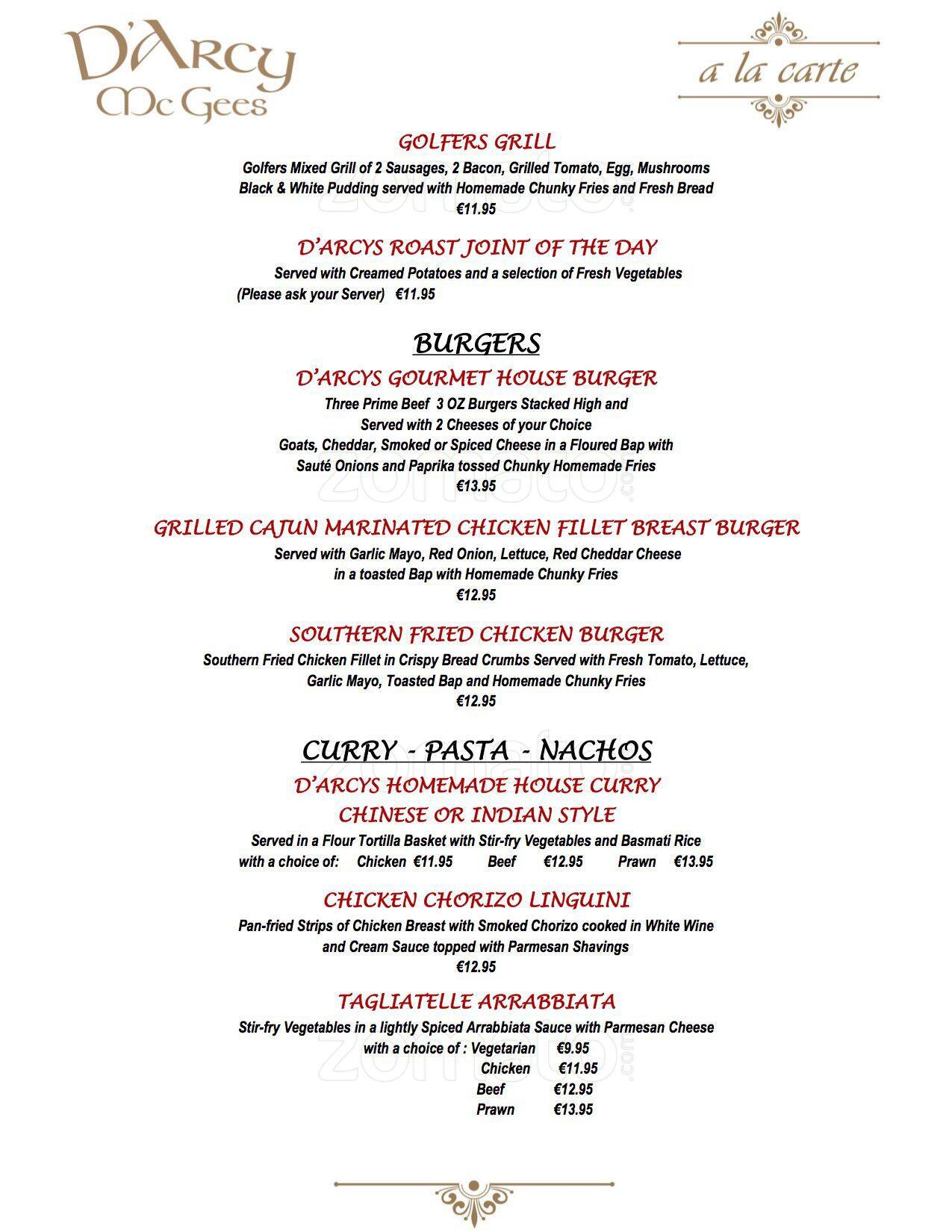 Menu at Darcy McGees pub & bar, Arklow