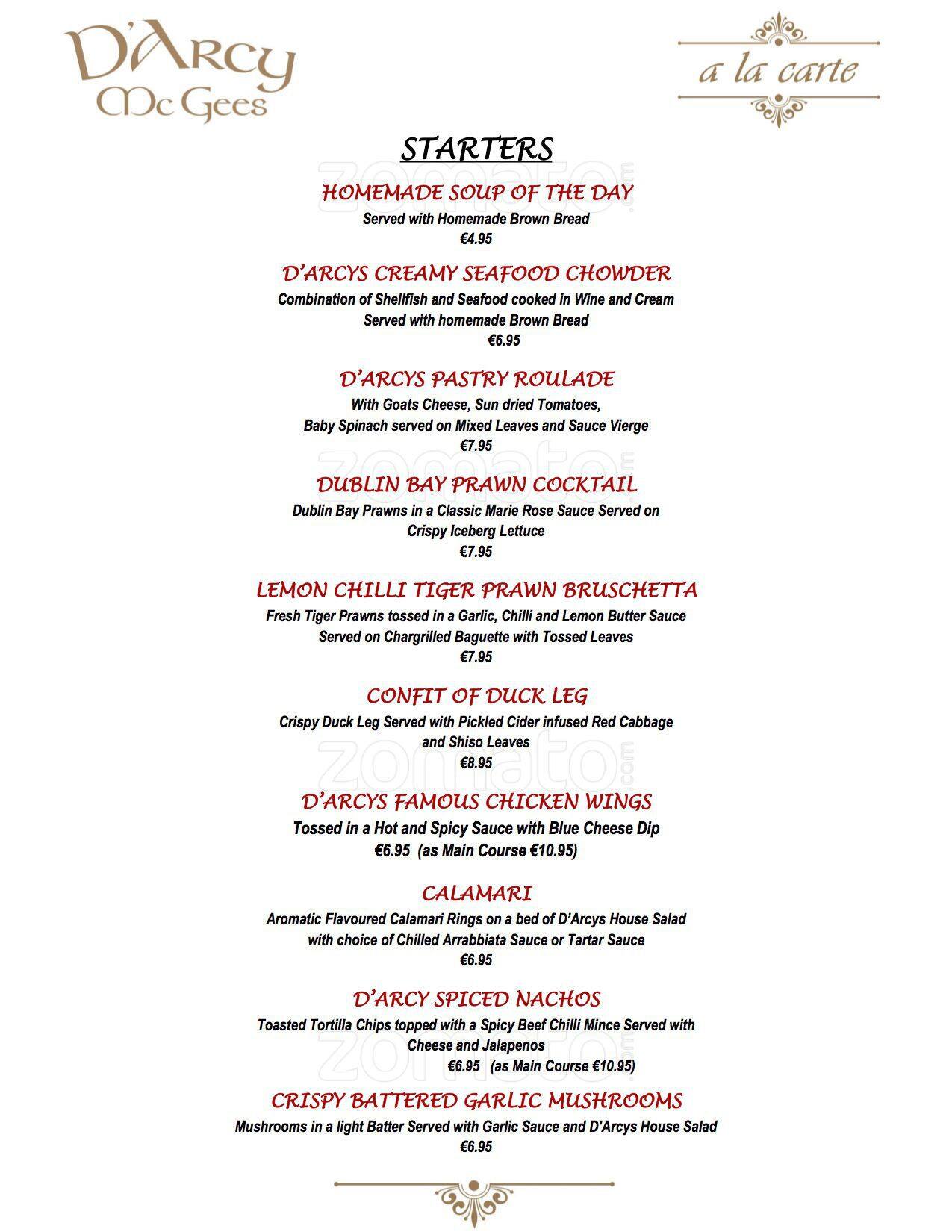 Menu at Darcy McGees pub & bar, Arklow