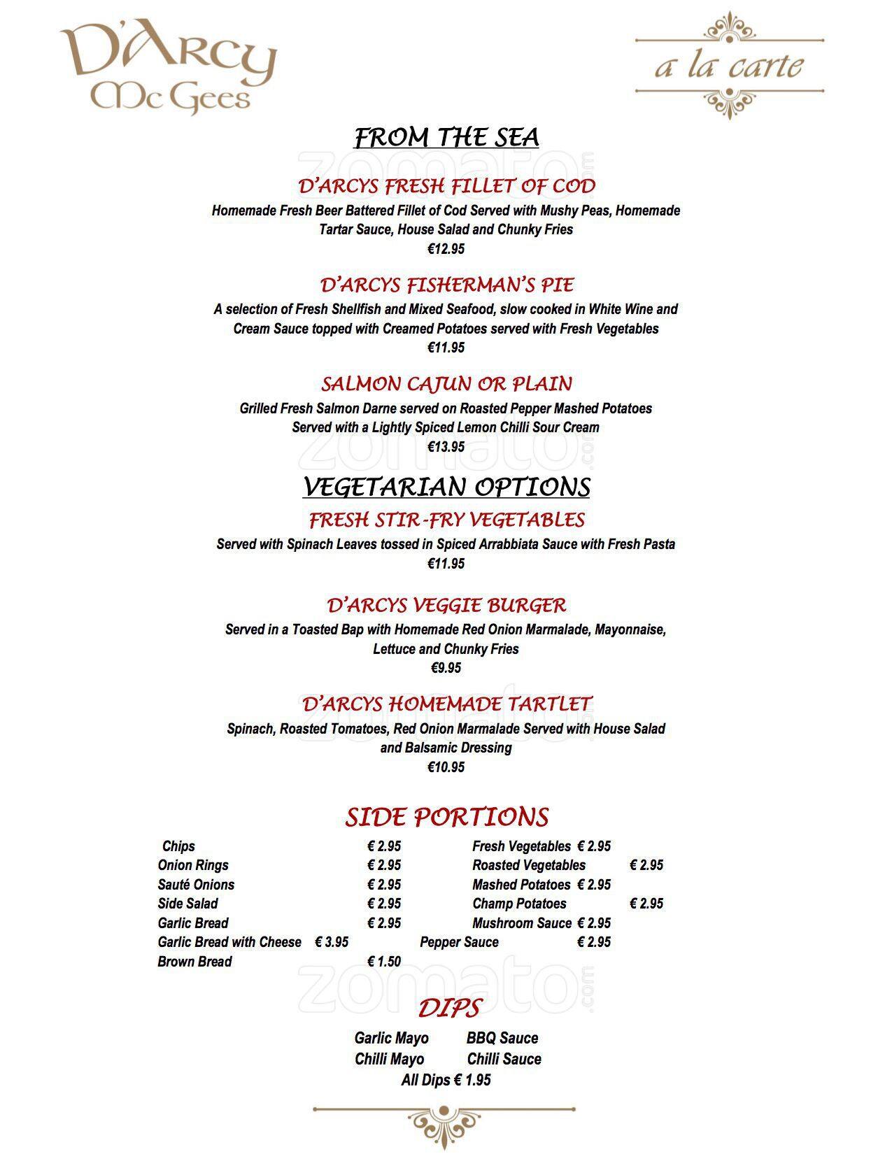 Menu at Darcy McGees pub & bar, Arklow