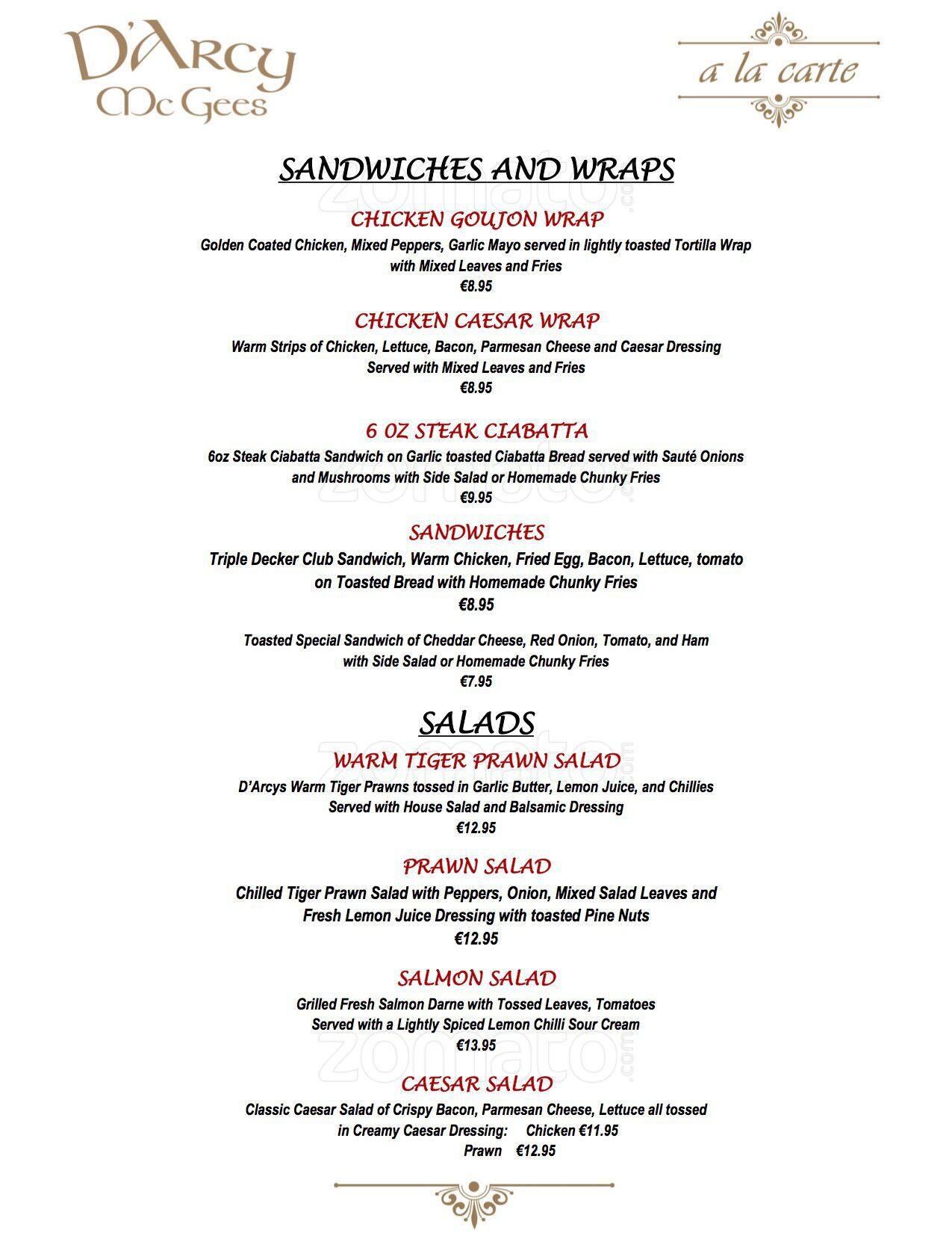 Menu at Darcy McGees pub & bar, Arklow