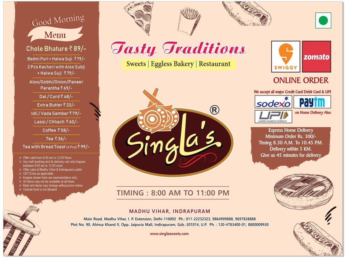 Menu of Singla’s Sweets Bakery & Restaurant, IP Extension, New Delhi