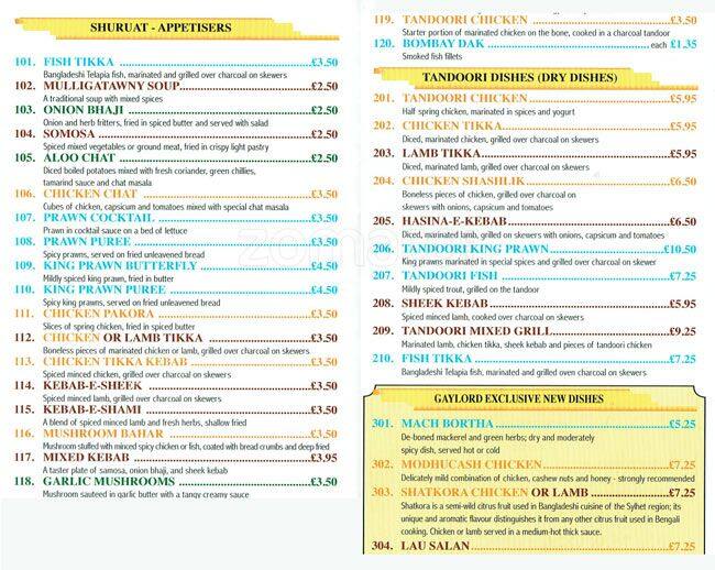 The Gaylord Menu, Menu for The Gaylord, Isle of Dogs, London Zomato UK