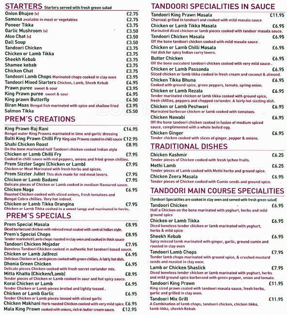 Prem Indian Restaurant menu