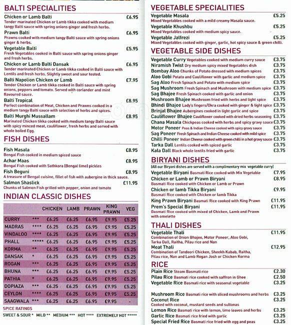 Prem Indian Restaurant menu