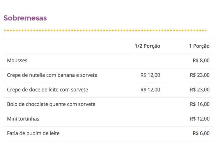 Conexão Arte cardápio