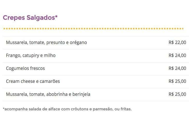 Conexão Arte cardápio