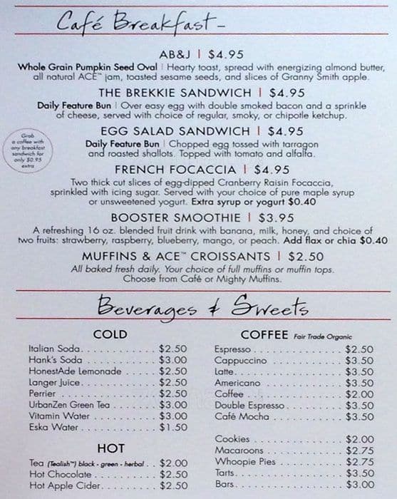 ACE Bakery Cafe menu, Menu restauracji ACE Bakery Cafe, North York, Toronto Urbanspoon/Zomato