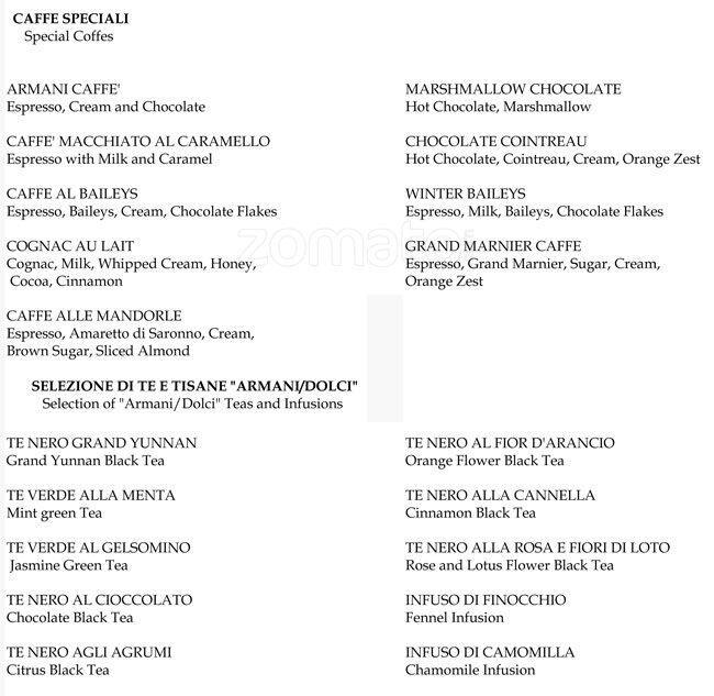 armani cafe menu