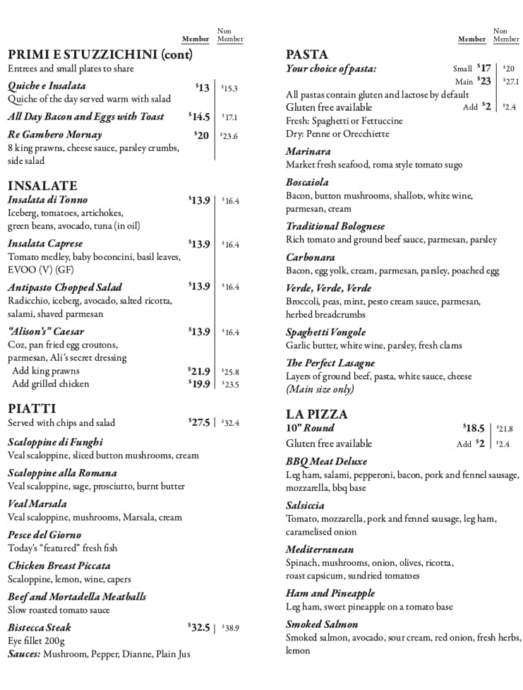 Carta del pub y bar Dee Why RSL, Dee Why, 932 Pittwater Rd