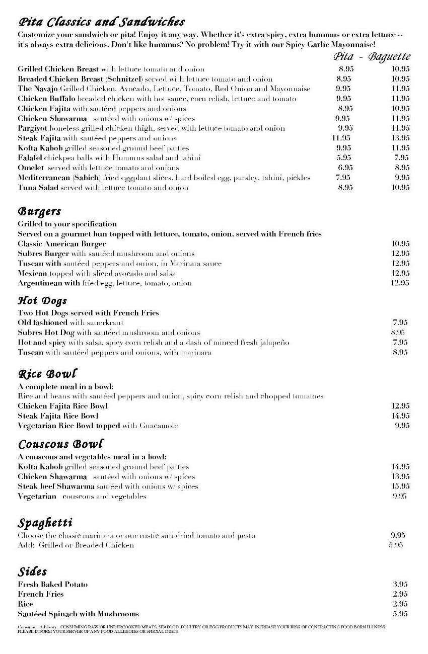 Subres Grill menu