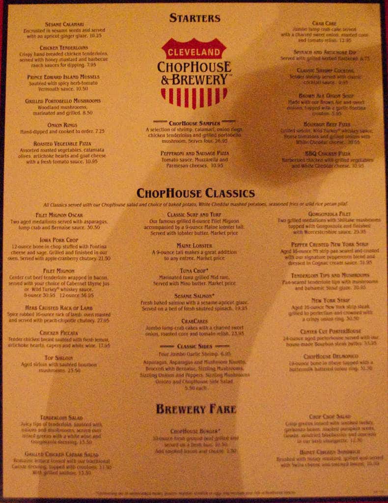 Menu at Cleveland Chop steakhouse, Cleveland
