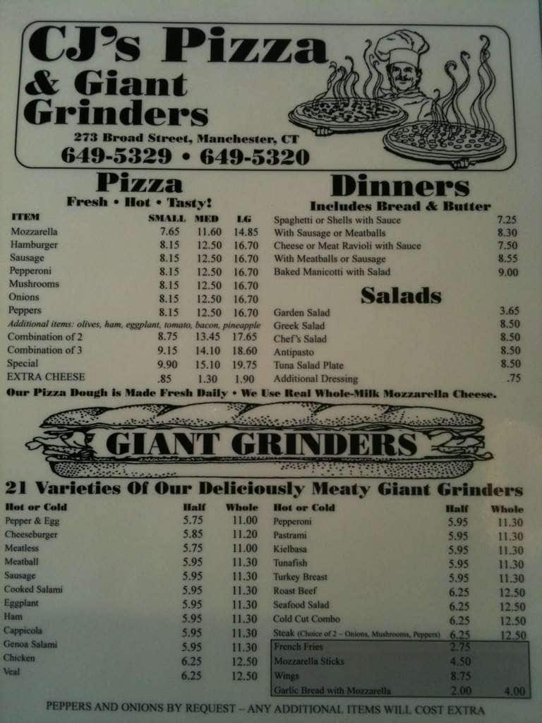 CJ's Giant Grinders Menu, Menu for CJ's Giant Grinders, Manchester