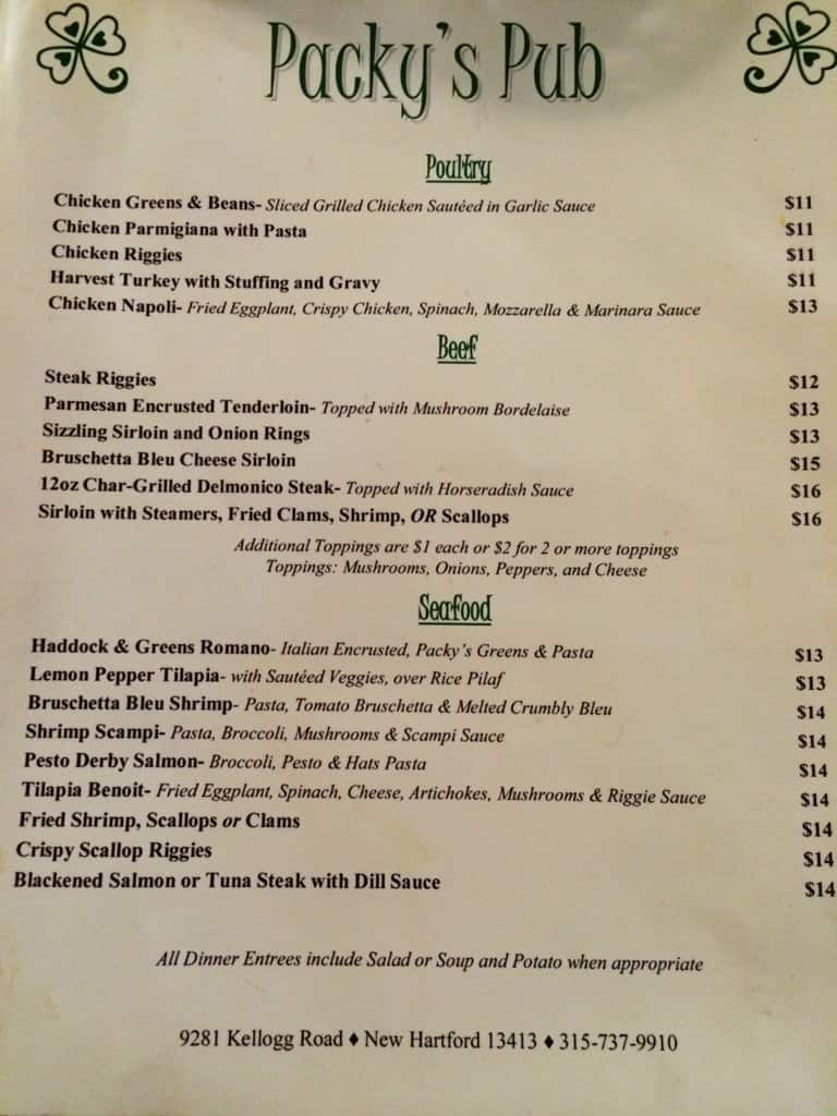 Menu at Packy's Pub, Washington Mills