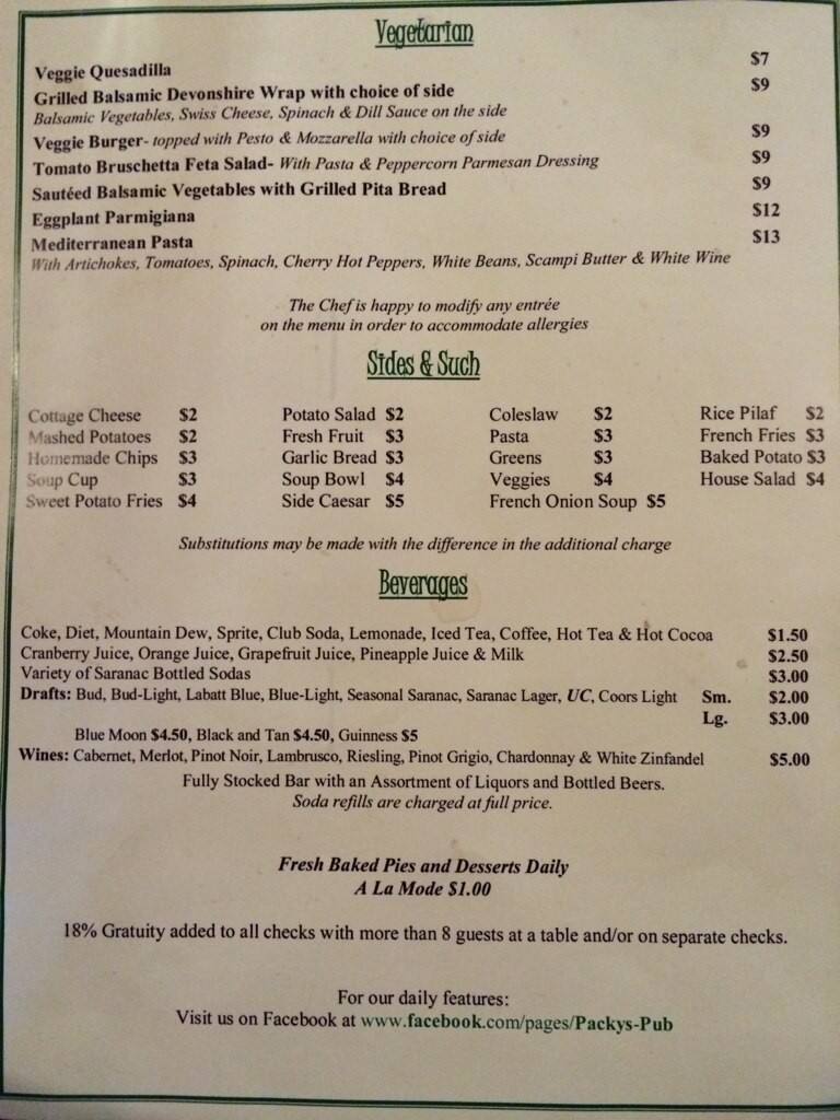 Menu at Packy's Pub, Washington Mills