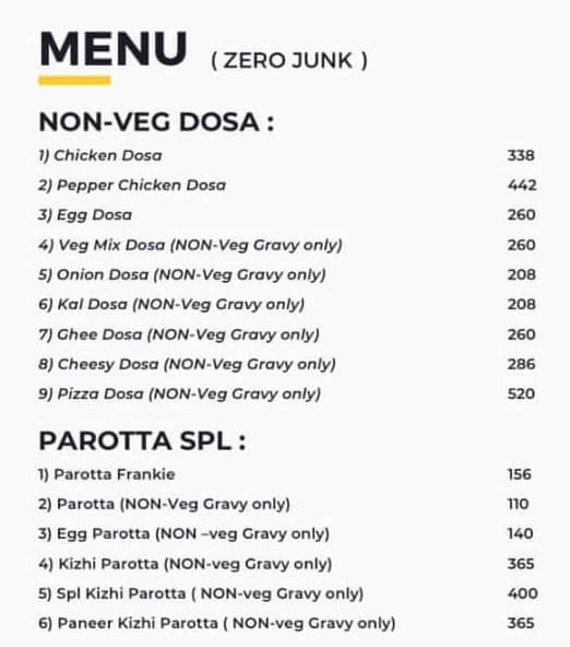Menu of Zero Junk, Chromepet, Chennai