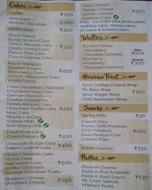 Mr. Crust Bakers Menu, Menu for Mr. Crust Bakers, Vijay Nagar, New