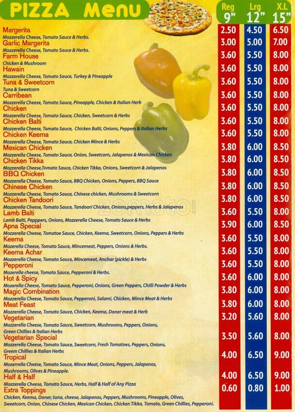 Apna Pizza Bar Menu, Menu for Apna Pizza Bar, Sparkhill, Birmingham