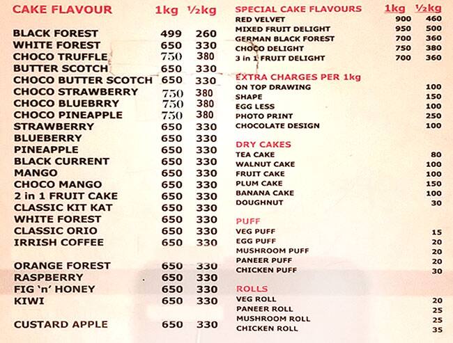 Fresh Cakes menu