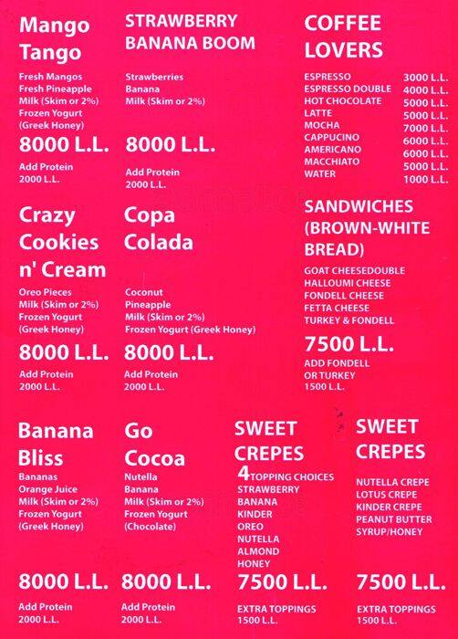 Yeh Frozen Yogurt & Cafe Menu Zomato Lebanon
