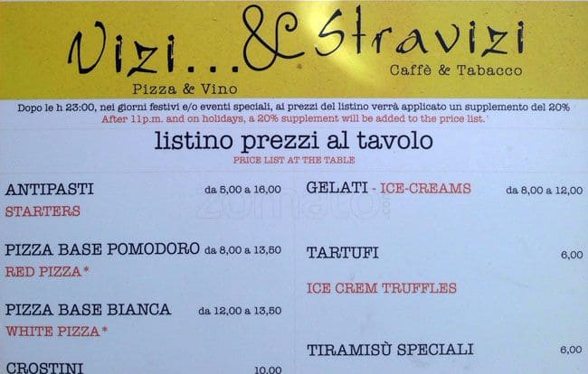 Menu di Vizi & Stravizi 