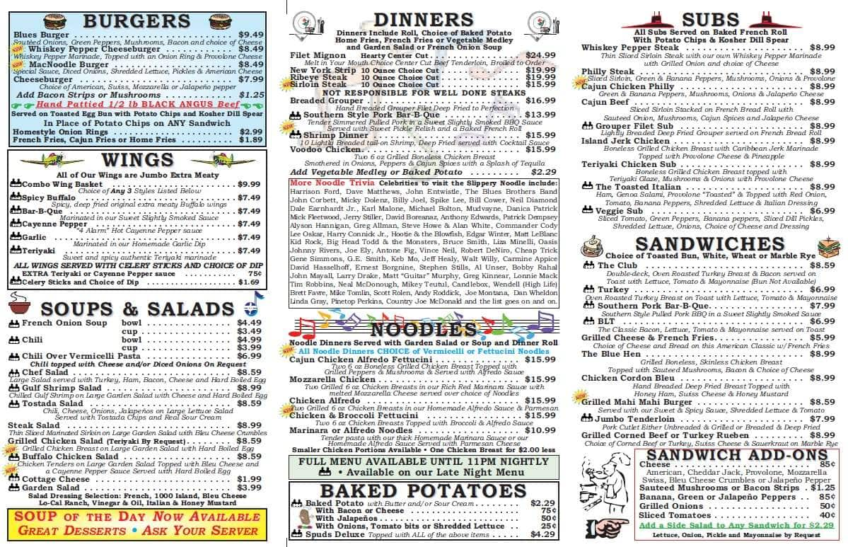 Menu at Slippery Noodle Inn pub & bar, Indianapolis