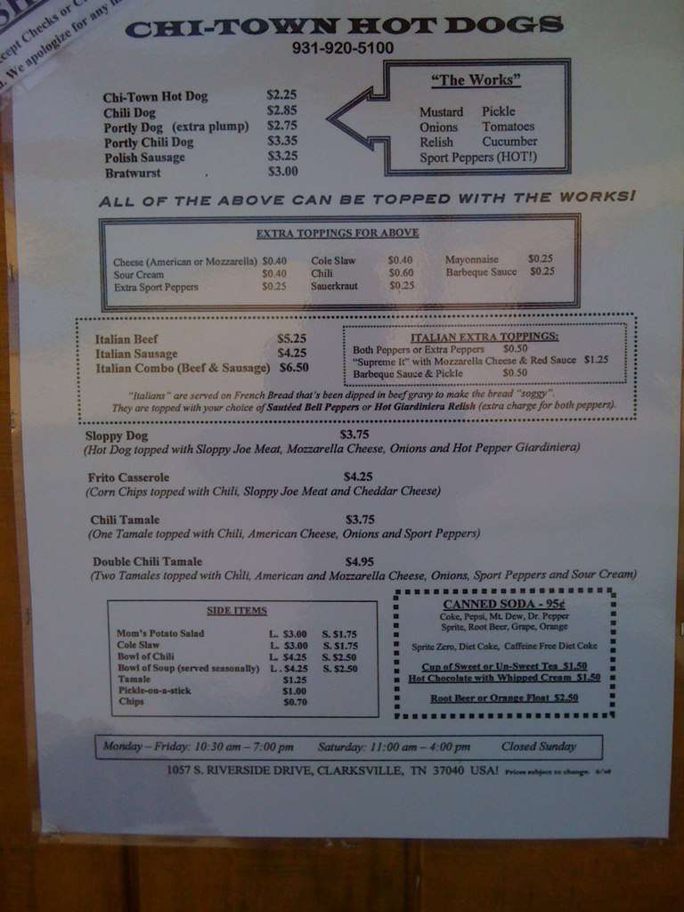 Chitown Hot Dogs Menu, Menu for Chitown Hot Dogs, Clarksville