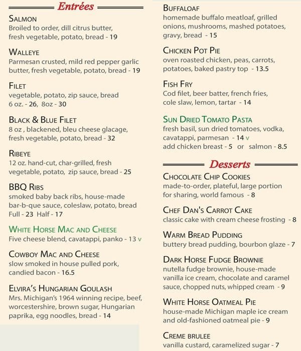 Menu at White Horse Inn restaurant, Metamora