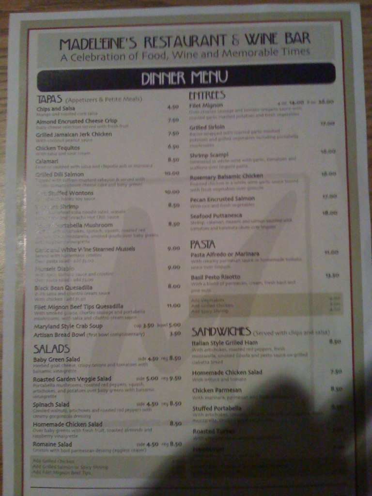 Madeleine's Restaurant Menu Urbanspoon/Zomato