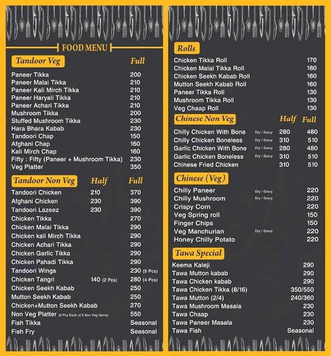 Menu of Delhi Darbar, NIT, Faridabad