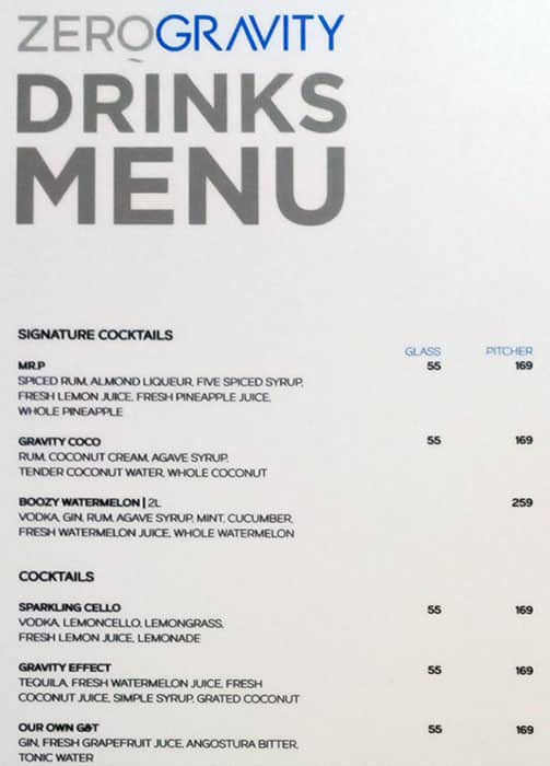 Menu at Zero Gravity Dubai restaurant, Dubai