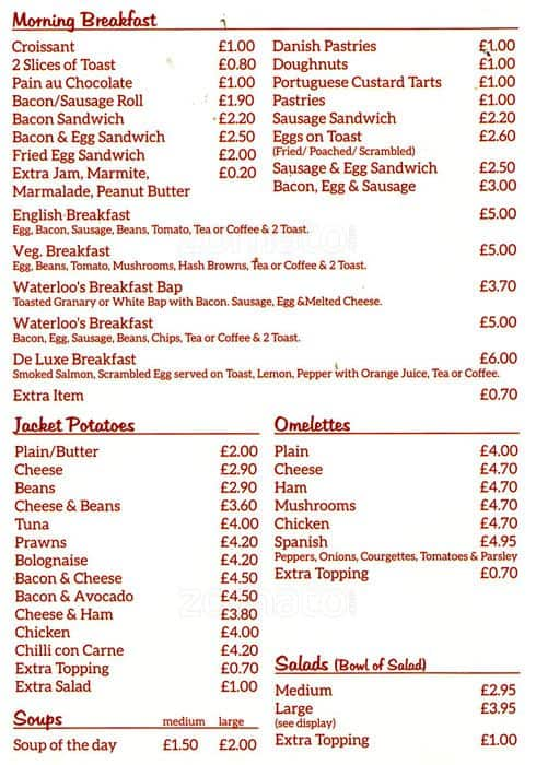 Waterloo Cafe Menu, Menu for Waterloo Cafe, Waterloo, London - Zomato UK