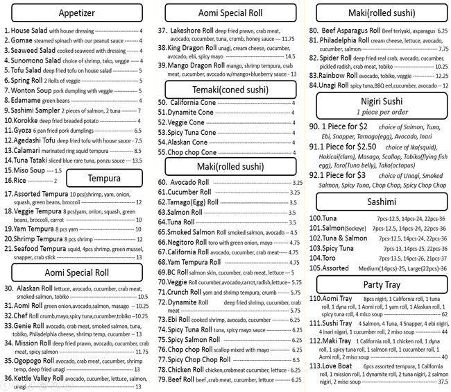 Aomi Japanese Restuarant Menu, Menu for Aomi Japanese Restuarant, Mission, Kelowna Urbanspoon