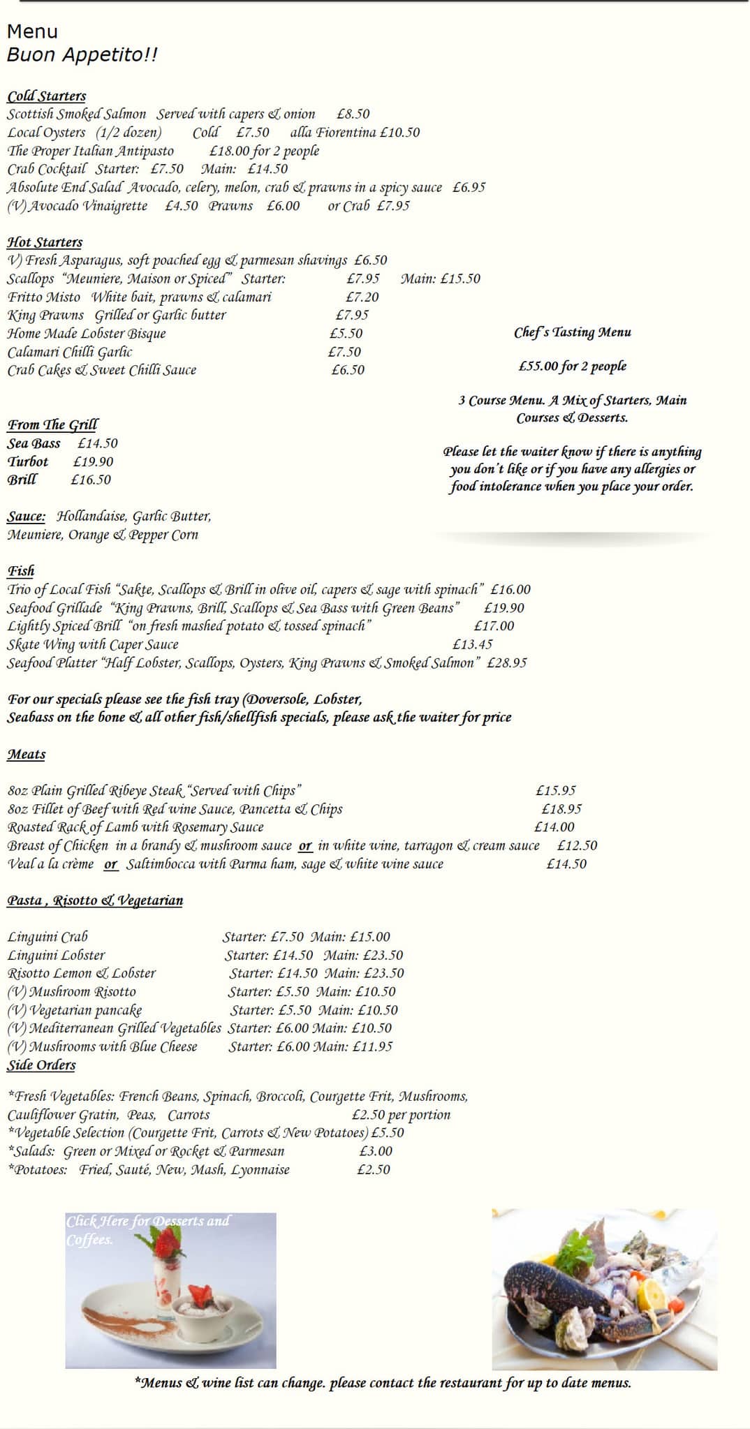 Absolute End Menu, Menu for Absolute End, Guernsey, South West England