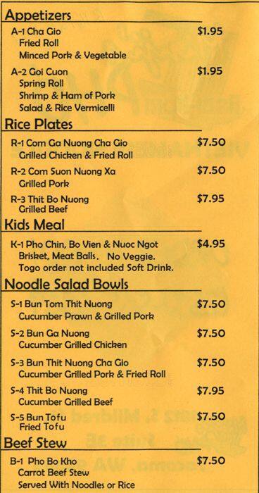 Menu at Minji's Pho restaurant, Tacoma