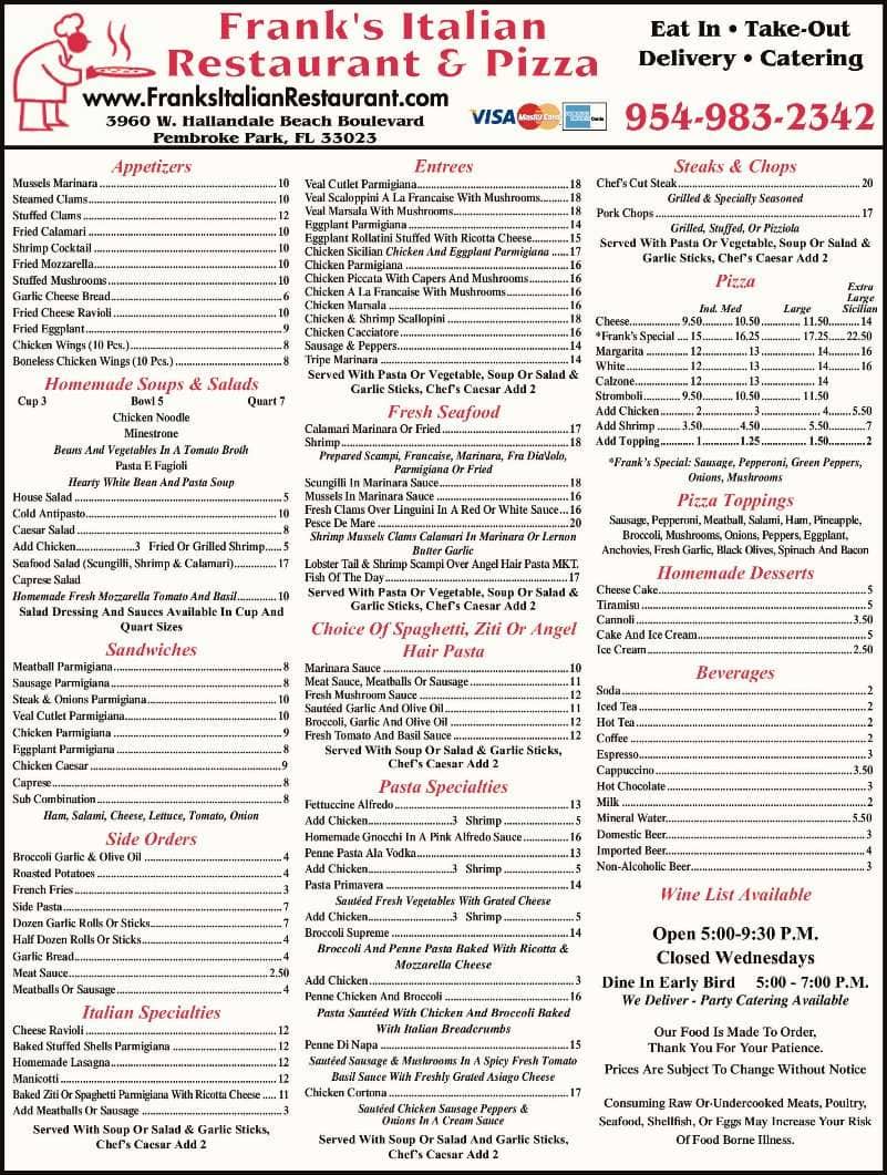 Frank's Italian Restaurant & Pizzeria Menu Urbanspoon/Zomato