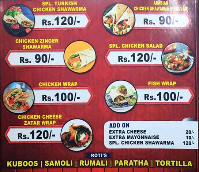 Menu of Toasted King Of Shawarma & Wraps, Charminar, Hyderabad